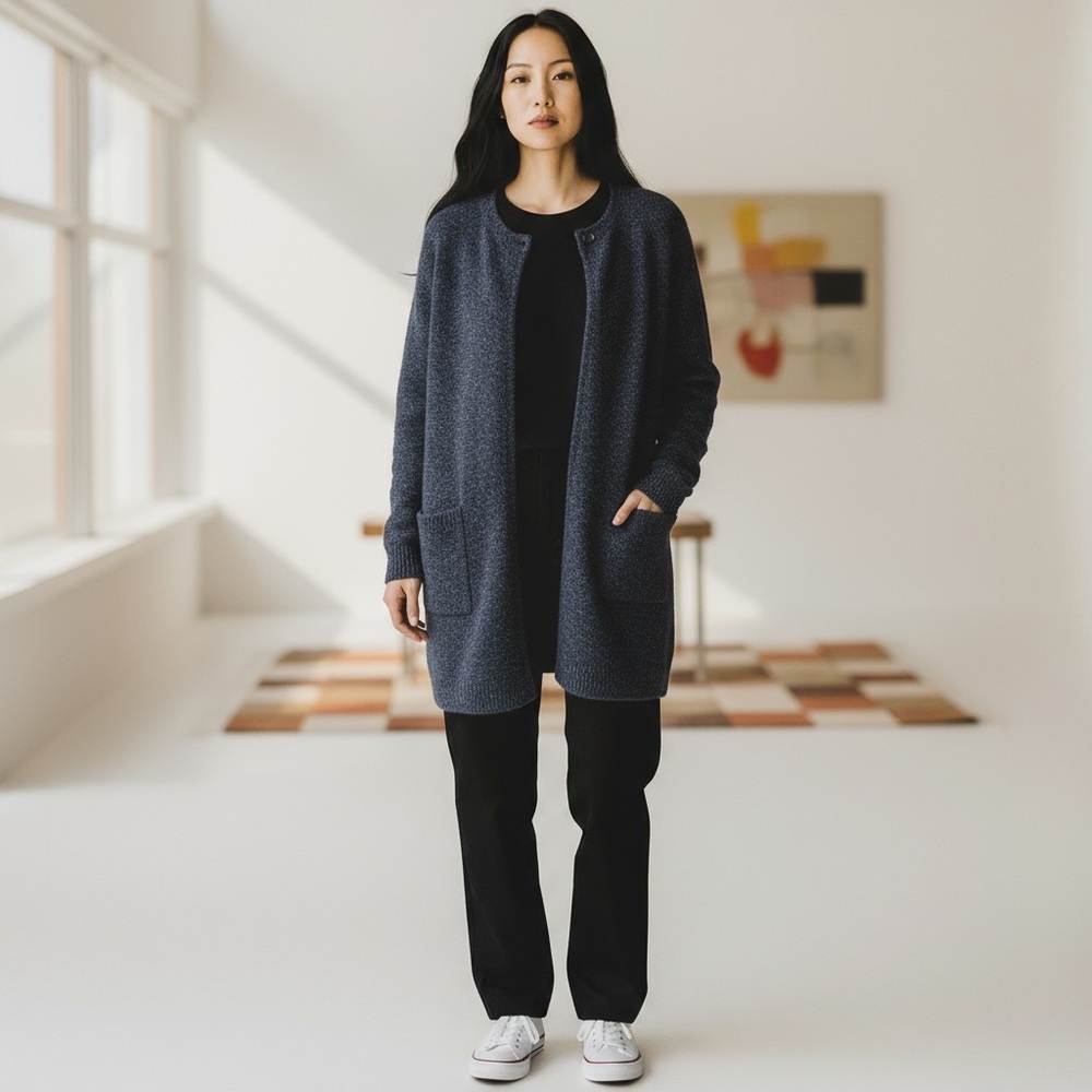 Uniqlo Wool Blend Cardigan Women's M Navy Open Front Pockets